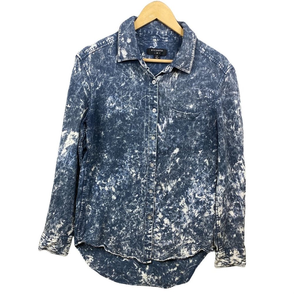 BYCORPUS Women LA Acid Wash Tie Dye Boyfriend Button Up Shirt Blue Top Small EUC